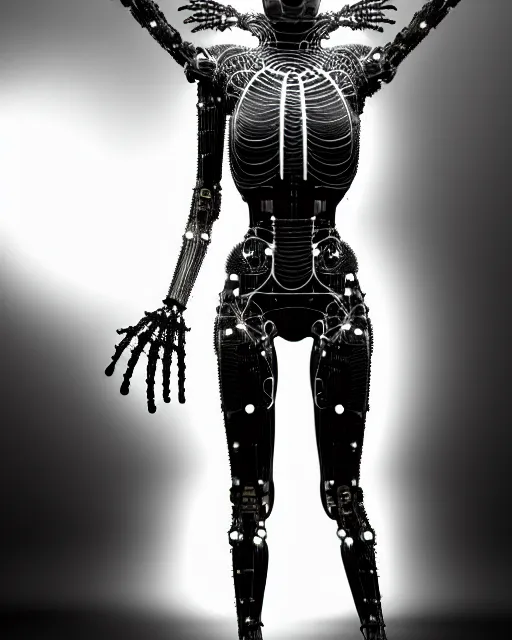 Image similar to black and white cyborg-plant goddess high quality photo, artificial intelligence, bio-mechanical bio-luminescence, artificial complex spider web, neurons, nerve cells, octane render, cinematic, rim light, hyper realism, photo-realistic, high detail, 8k, in the style of Steven Meisel and Dora Maar and H.G. Giger