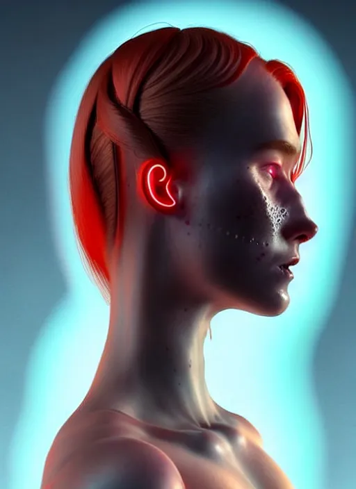 Prompt: an extremely detailed beautiful redhead scandinavian female humanoid with freckles, braided hairstyle, by loish, d & d, fantasy, cyber neon lighting, futurism, cyberpunk glossy latex suit, elegant profile posing, perfect anatomy, hyper photorealistic, digital photography, artstation, pinterest, concept art, art by pascal blanche and greg rutkowski,