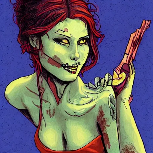 Prompt: a beautiful woman killing a zombie