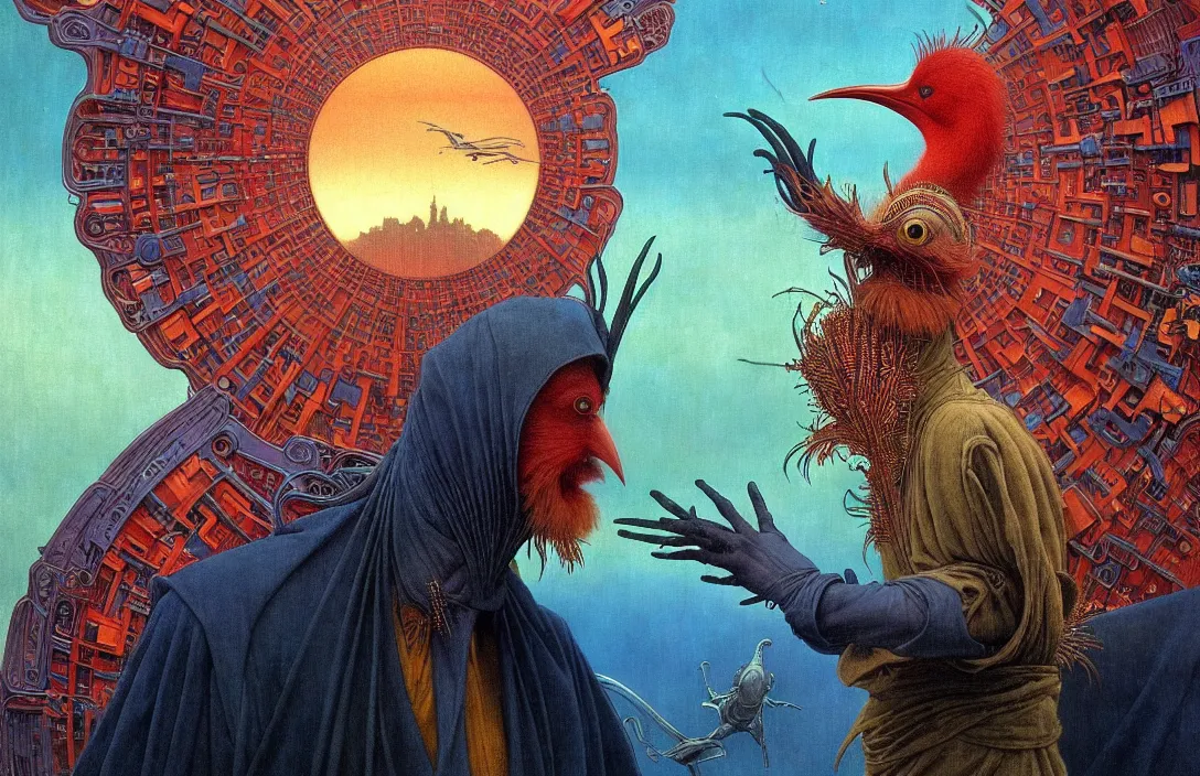 Image similar to realistic detailed portrait movie shot of a birdman wearing a dark robes, sci fi city landscape background by denis villeneuve, amano, yves tanguy, alphonse mucha, ernst haeckel, max ernst, roger dean, masterpiece, rich moody colours, dog teeth, blue eyes, sunset