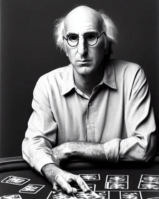 Image similar to award winning photo of larry david playing poker, symmetrical face, beautiful eyes, studio lighting, wide shot art by Sally Mann & Arnold Newman