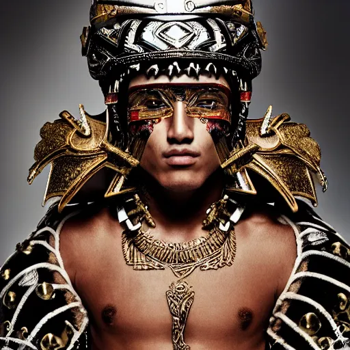 Image similar to a portrait of a beautiful young aztec male wearing an alexander mcqueen armor , photographed by andrew thomas huang, artistic