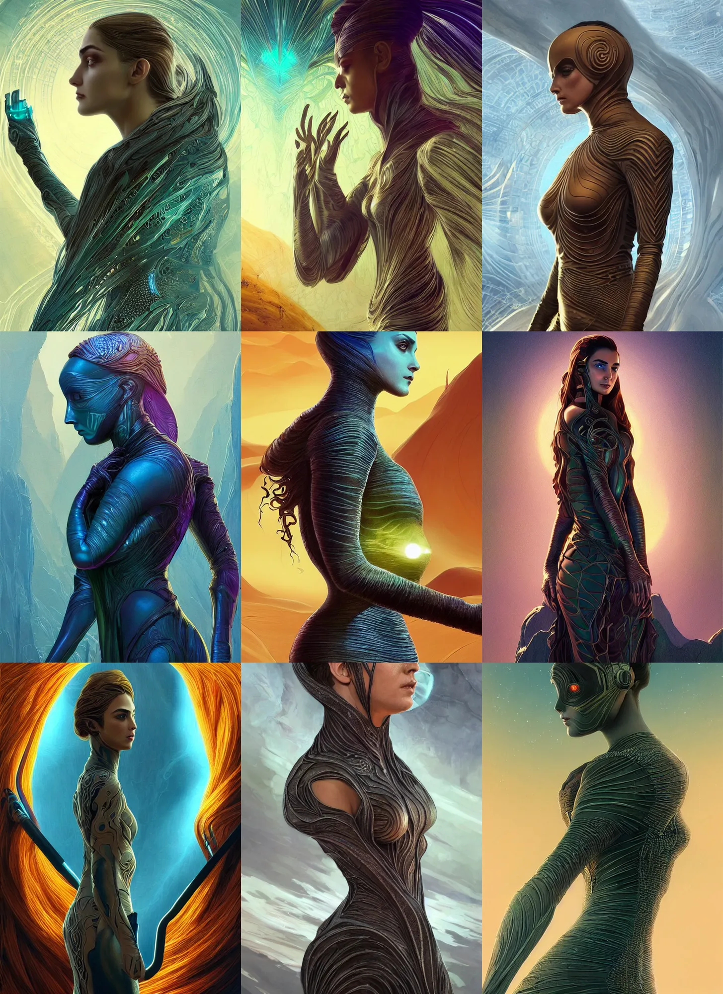 Prompt: Dune and altered carbon, Maya Ali as a cyber sorceress, side view, art nouveau, sweat drops, fibonacci, fractals, insane, prismatic, intricate, highly detailed, digital painting, artstation, concept art, smooth, sharp focus, illustration, Unreal Engine 5, 8K, art by artgerm and greg rutkowski and alphonse mucha