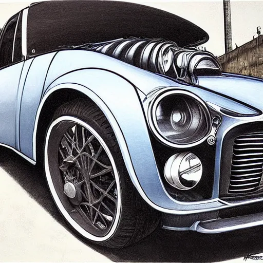 Image similar to a hyperrealistic painting of a steampunk sports car, blue skies, by john kenn mortensen, highly detailed,