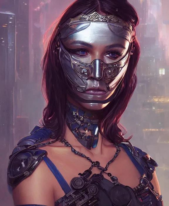 Prompt: portrait of a cyberpunk masked goddess, half body, d & d, fantasy, intricate, elegant, highly detailed, digital painting, artstation, concept art, art by artgerm and greg rutkowski and alphonse mucha