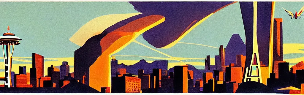 Image similar to angels over the seattle space needle, modernism, gouache, animated film, stylised, illustration, by eyvind earle, scott wills, genndy tartakovski, syd mead