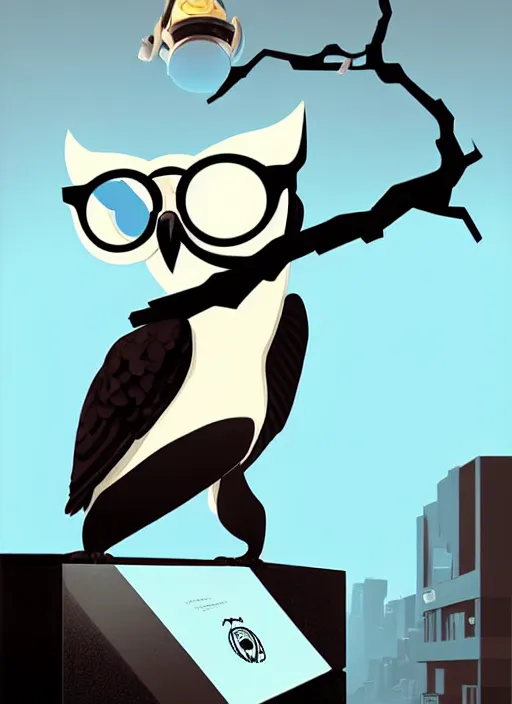 Prompt: a portrait of a stern owl wearing horn rimmed glasses by michael whelan and tomer hanuka, of the game portal, from valve, aperture science