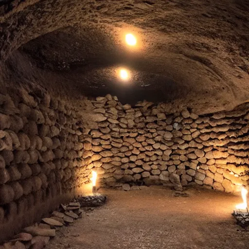 Image similar to dark, tight, ancient catacombs lit by torches with multiple openings and multiple alcoves