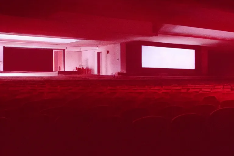 Prompt: a dark conference auditorium with a small crowd, atmospheric and obscure, red neon light, by roger deakins, cinematography, syd mead, dave mckean