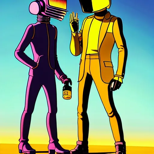 Prompt: a study of cell shaded cartoon of daft punk in the style of howl's moving castle ( 2 0 0 4 ) on a desert road, full body, wide shot, post grunge, studio ghibli, laurie greasley, highly detailed, deviantart, art by artgem