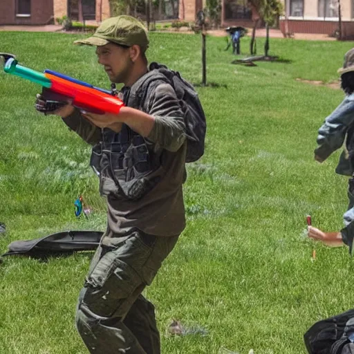 Prompt: Modern warfare with just water guns and water balloons.