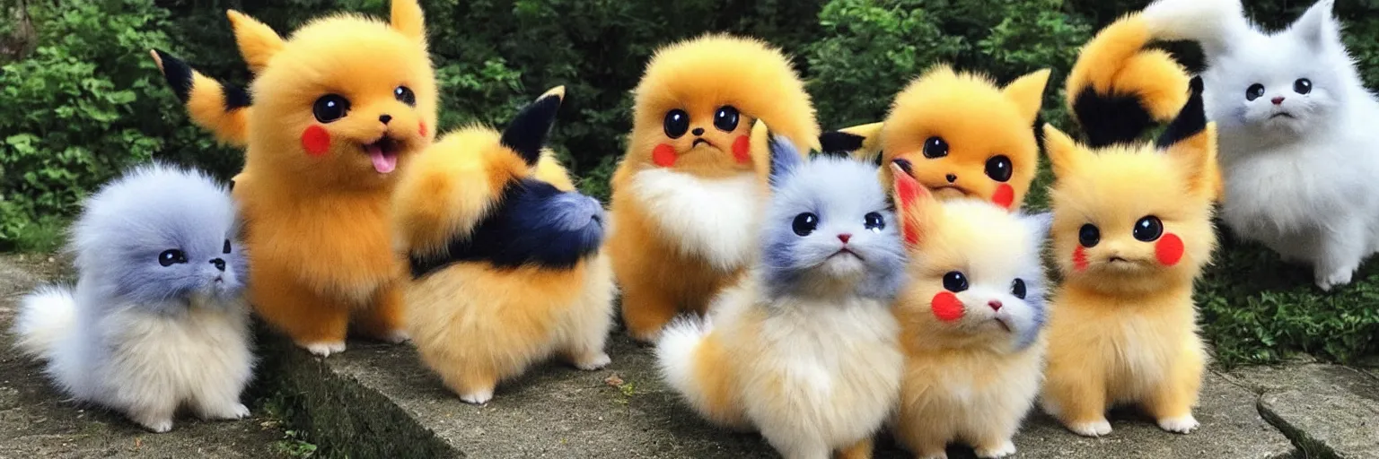 Image similar to different real life pokemons, cute!!!, content!!!, mischievous!!!, adorable!!!, little furballs, fluffy!!!, ultra realistic!!!, golden hour, sharp focus