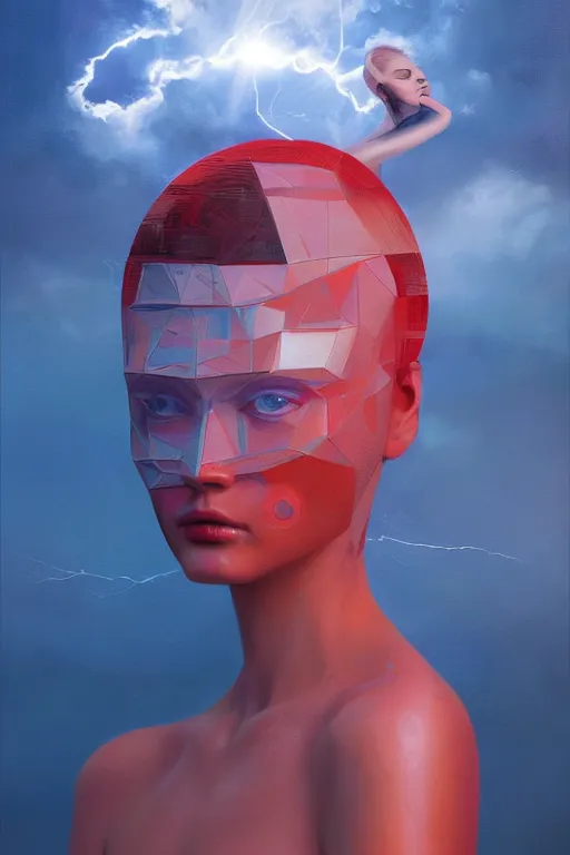 Prompt: 3 d, sci - fi, morning, sleepy fashion model face, sun, cinematic, lightning, clouds, vogue cover style, stanley kubrick, light red and deep blue mood, realistic painting, intricate oil painting, high detail, figurative art, multiple exposure, poster art, 3 d, by tooth wu and wlop and beeple and greg rutkowski