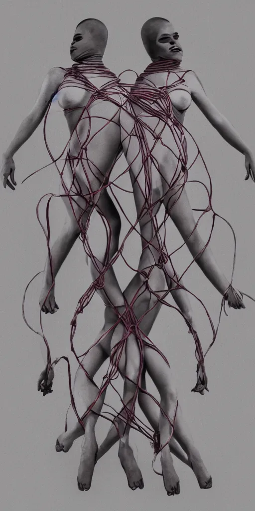 Image similar to beautiful female bodies intertwined, steel shibari ropes wrapped around bodies, surrealism, abstract, no face, color gradients,