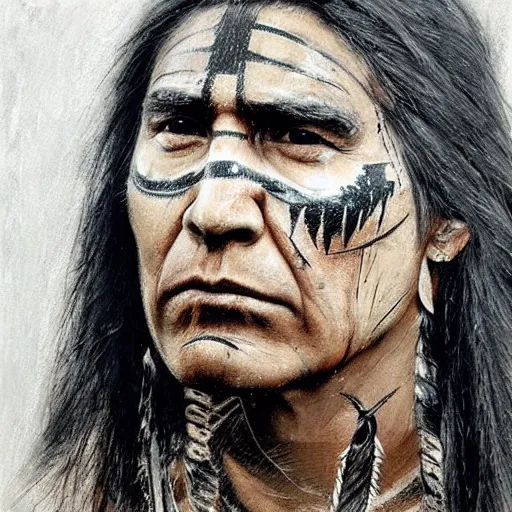 Image similar to A Native American warrior, war paint, realistic, concept art, sharp focus, 8k high definition, insanely detailed, intricate, elegant, art by Guy Denning