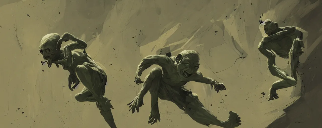 Image similar to duotone olive green grey illustration 3 / 4 portrait of gollum doing kung fu moves. dynamic chaotic composition accidental renaissance golden ratio. by sachin teng and sergey kolesov and ruan jia and heng z. graffiti art, scifi, fantasy, hyper detailed. octane render. concept art. trending on artstation