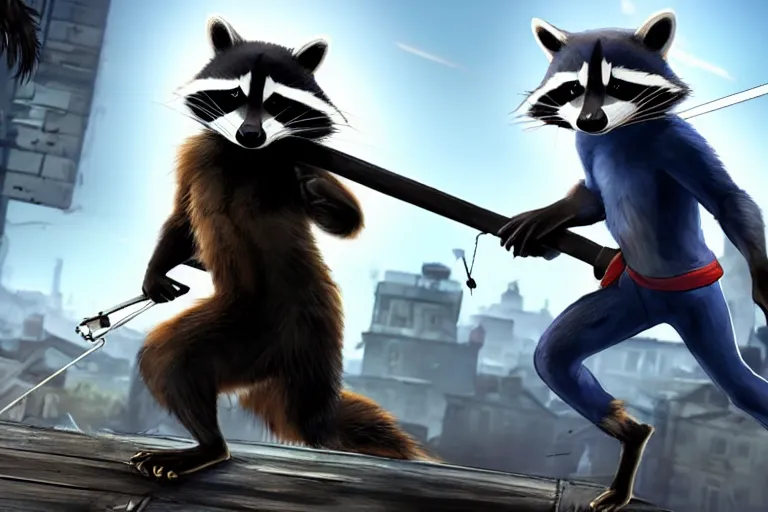 Prompt: the raccoon sly cooper in a dark and gritty reboot from the makers of assassin's creed