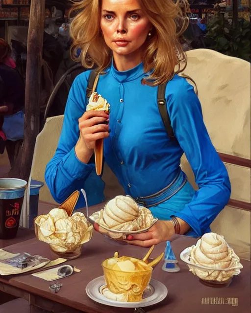 Prompt: portrait of a blonde fuller figured barbara bach from the bond film wearing blue dungarees and eating ice creams in porto, real life skin, intricate, elegant, highly detailed, artstation, concept art, smooth, sharp focus, art by artgerm and greg rutkowski and alphonse mucha