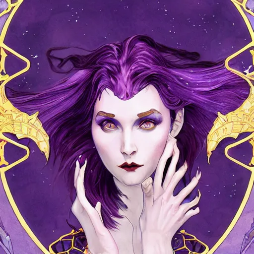 Image similar to vampire with purple hair in sci - fi power armor, highly detailed, very intricate, art nouveau, gold filigree, romantic storybook fantasy, soft cinematic lighting, award - winning, disney concept art watercolor illustration by mandy jurgens and alphonse mucha and alena aenami, pastel color palette, featured on artstation