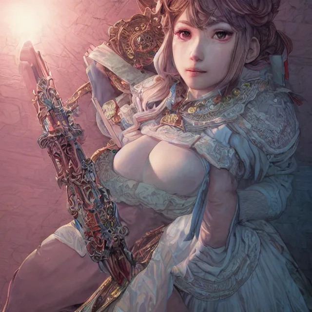 Image similar to the portrait of neutral good colorful female cleric bard as absurdly beautiful, gorgeous, elegant, skinny young gravure idol, an ultrafine hyperdetailed illustration by kim jung gi, irakli nadar, intricate linework, sharp focus, bright colors, octopath traveler, final fantasy, unreal engine 5 highly rendered, global illumination, radiant light, detailed and intricate environment