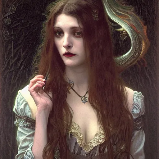 Image similar to portrait of a lady vampire, 35mm, victorian, depth of field, DOF, ominous, sharp, highly detailed, photorealistic, realistic, unreal 5, high definition, 8k, deviantart, donato giancola, irwin penn, ((Alphonse Mucha))