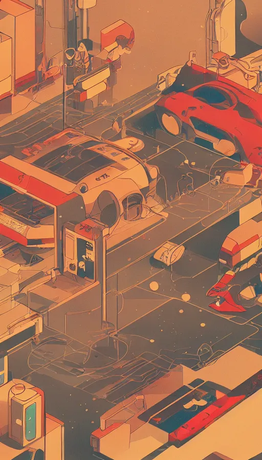 Image similar to fuel station in space, sharp focus, satoshi kon, james gilleard, moebius, print, risograph, cinematic, game art