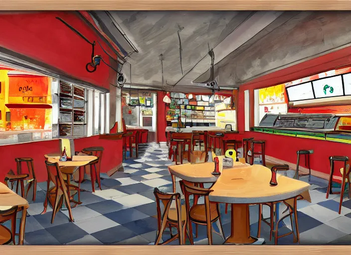 Image similar to digital painting of the inside of a pizzeria in italy,