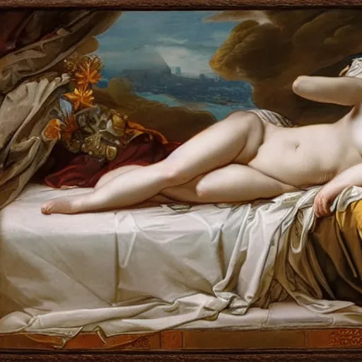 Image similar to by charles le brun, by greg land balmy. a kinetic sculpture of a woman reclining on a bed.