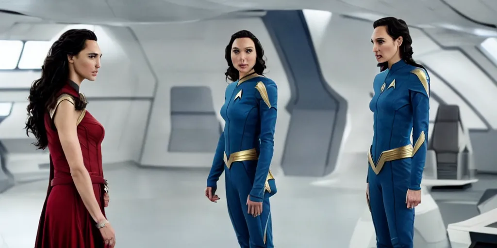 Image similar to Gal Gadot, in full starfleet uniform, is the captain of the starship Enterprise in the new Star Trek movie