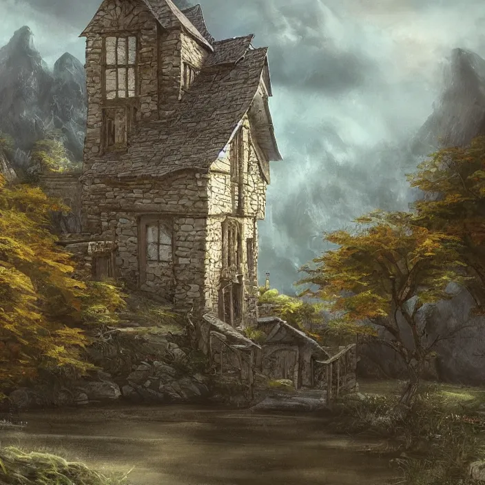 Prompt: a building in a serene landscape, fantasy art