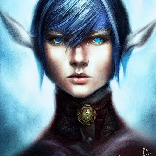 Image similar to portrait of darl elf, fantasy, blue eyes, calm expression, fantasy, thinking, raven in background, highly detailed, digital painting, gradient black charcoal red, concept art, smooth, b sharp focus, illustration, golden ratio 8 k