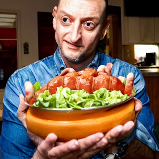 Image similar to Tim Robinson eating a hotdog bowl, like a burrito bowl but with little bits of chopped up hotdog in it