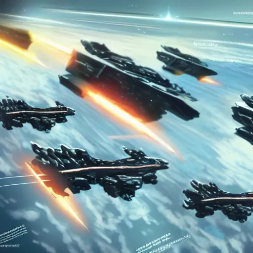 Prompt: two fleets of spaceships in formation, firing at each other, in the galaxy, artstation