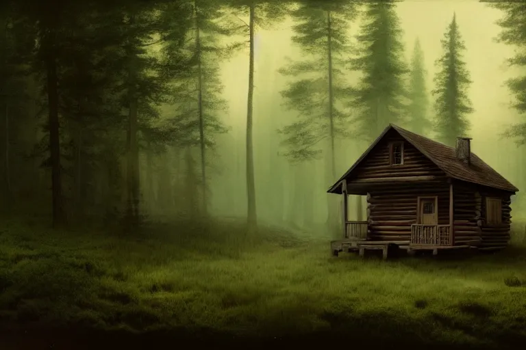 Image similar to a small cabin in the middle of the woods, a matte painting by john carpenter, reddit contest winner, american barbizon school, matte painting, horror film, movie still