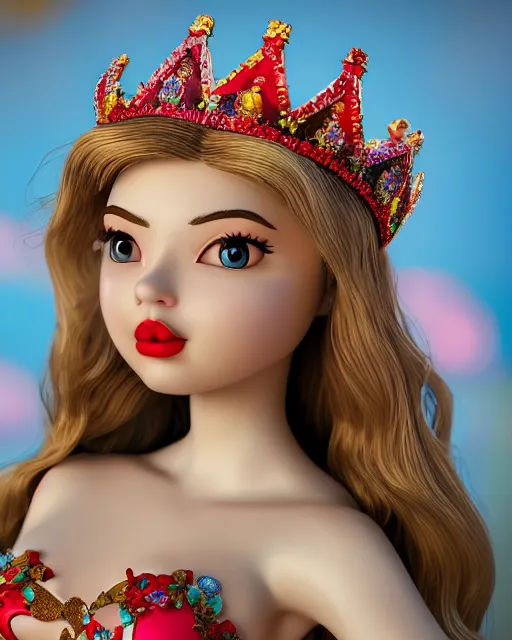 Prompt: closeup face profile portrait of a tin toy fairytale princess wearing a crown eating cakes, bikini, depth of field, zeiss lens, fashion photoshoot by max fleischer, breathtaking, detailed and intricate environment, 8 k resolution, extremely detailed, beautiful, establishing shot, artistic, hyperrealistic, octane render