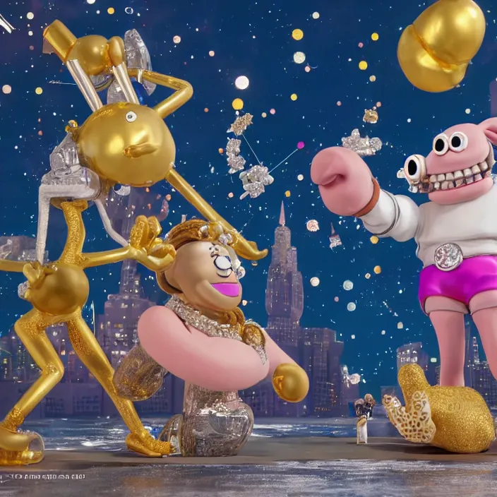 Image similar to jeff koons hip hop bauhaus style street sharks sailor moon wearing diamond grillz and a ton of bussdown iced gold bling in wallace & gromit strata - cut claymation, ultra realistic, concept art, intricate details, serious, highly detailed, photorealistic, octane render, 8 k, unreal engine, art by todd mcfarlane