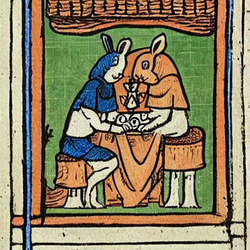 Prompt: medieval book illustration of two rabbits playing chess