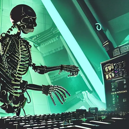 Image similar to cyberpunk skeleton band playing synthesizer, honeycomb structure, smokey lights, lasers, highly detailed, realistic, technology and magic,