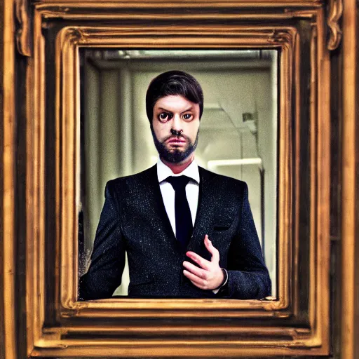 Prompt: endless reflections of a man in a mirror, dark suit, by sergey belik