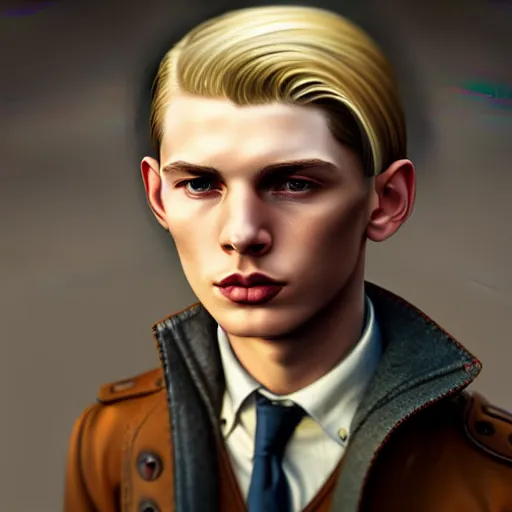Image similar to A videogame portrait of a young Irish man with high cheekbones. Good bone structure. Dressed in 1940s style. (Blond). Highly detailed, fine Art, high detail, great lighting, 8k resolution, masterpiece, concept art, illustration, clear eyes, painting oil on canvas, octane render, HDR, trending on artstation, 4k, 8k, HD
