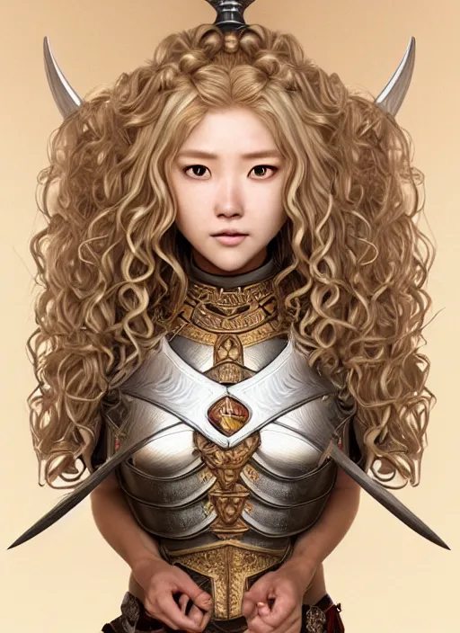 Image similar to complex 3 d hyper realistic smooth ultra sharp render of a gorgeous princess warrior paladin woman | sunkissed tan skin, curly dirty blonde hair, freckles, luminescent eyes | d & d, medieval, fantasy | art by oh jinwook + 吵 集 仁 儿 on artstaion + takeshi obata + alphonse mucha