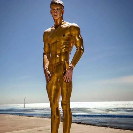 Image similar to a realistic detailed photo of a guy who is an attractive humanoid who is half robot and half humanoid, who is a male android, football player christian mccaffrey, shiny skin, posing like a statue, blank stare, by the beach, on display