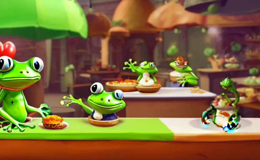 Image similar to ps 4 game about a cute frog chef in italy, unity screenshot,