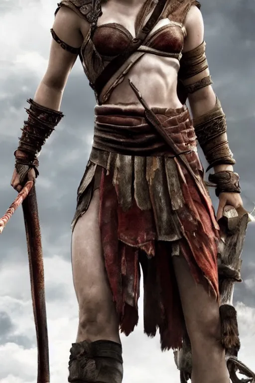 Image similar to Emma Watson as Kratos, brutal, detailed realistic, photorealistic, full body