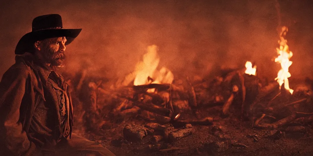 Prompt: portrait of rugged bandit cialien murphy ( ( alone ) ) in the old west, bound by shackles at a campfire, volumetric lighting, cinematic, dark, grim