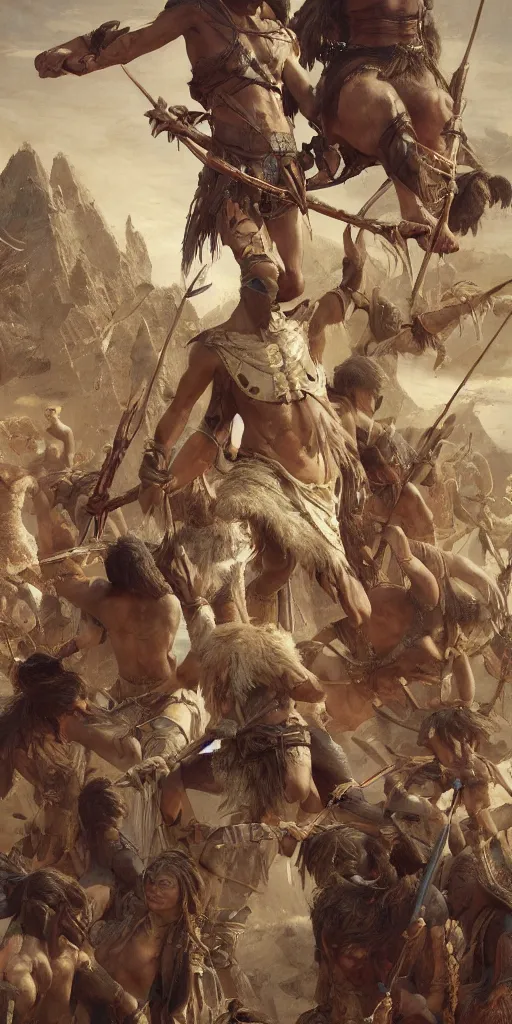 Image similar to ancient tribal war, masterpiece by Edgar Maxence and Ross Tran and Michael Whelan, 8k, octane render