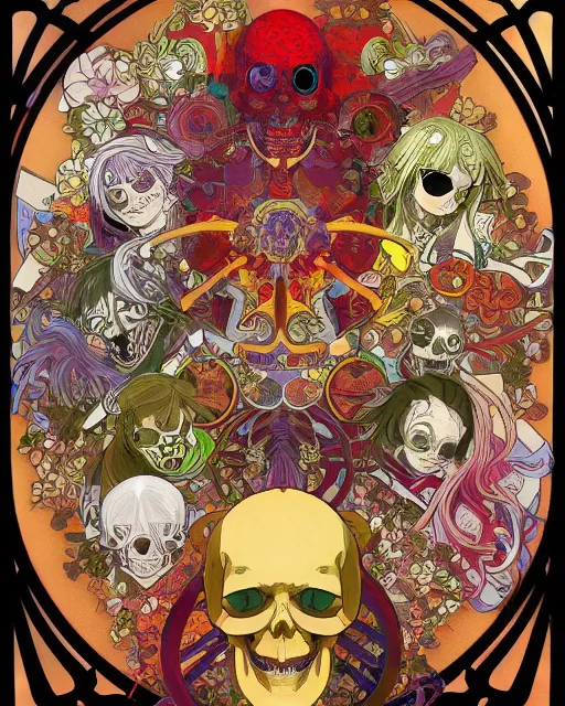 Image similar to anime manga skull art surrounded by varities of superhot chili peppers, cell shading, voronoi, fibonacci sequence, sacred geometry by Alphonse Mucha, Moebius, hiroshi yoshida, Art Nouveau, colorful, ultradetailed, vivid colour, 3d