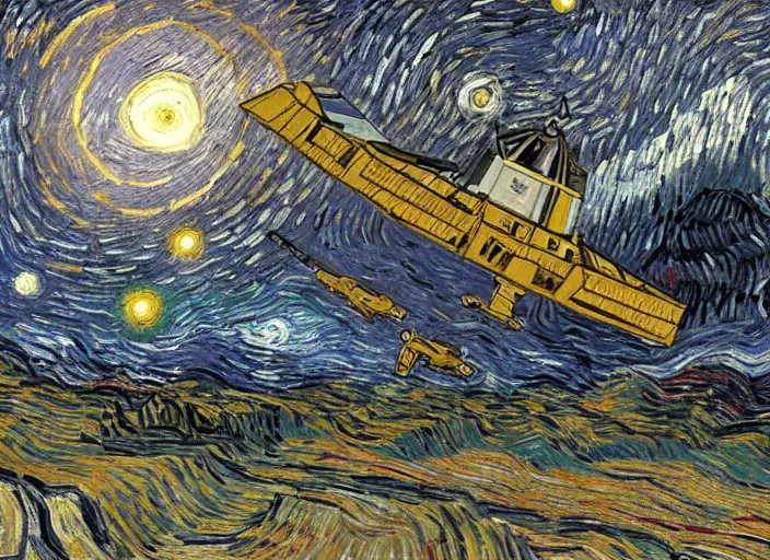 Image similar to a single cargo spaceship taking off seen from the surface of a small town on a desert planet, star wars, digital art, trending on art station, in the art style of vincent van gogh starry night