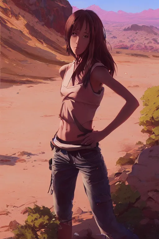 Prompt: a girl hiking in the desert, full shot, fine - face, realistic shaded perfect body details, fine details. night setting. very anime style. realistic shaded lighting, poster by ilya kuvshinov katsuhiro, magali villeneuve, artgerm, jeremy lipkin and michael garmash, rob rey and kentaro miura style, trending on art station