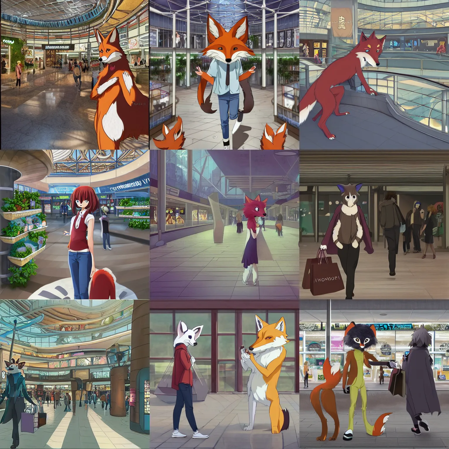 Prompt: an anthropomorphic natural furry ( ( fox ) ) person shopping at a futuristic mall, photorealistic!!!!, anime!!!!, makoto shinkai, james gurney, don!!!! bluth!!!!, disney, hibbary, dark natasha, goldenwolf, furaffinity, fursona, commission